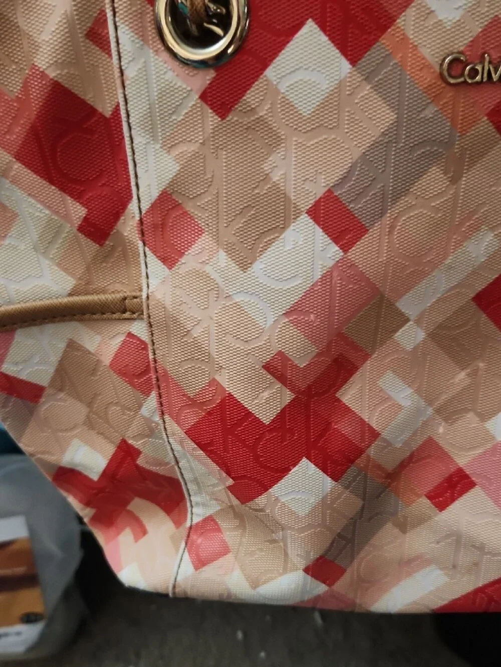 Calvin Klein Beige & Red Geometric Chain-Handle Tote